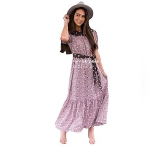 Orange Creek Floral Tiered Maxi Dress Puff Sleeves Brown Purple Size Medium